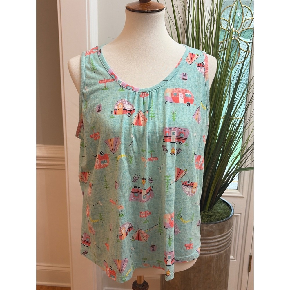 Mia Lucce Womens Blue Camping Print Sleep Tank Top Large RV Vacation Road Trip